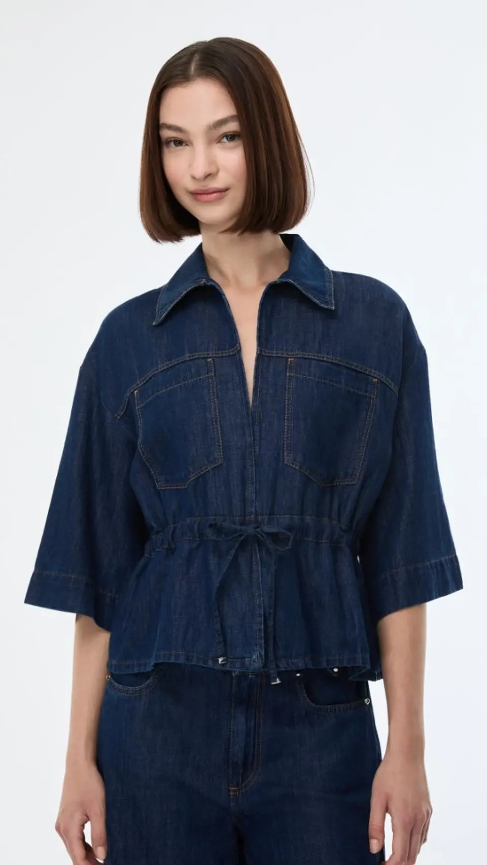 Blusa texana de manga corta con cintura fruncida iBlues