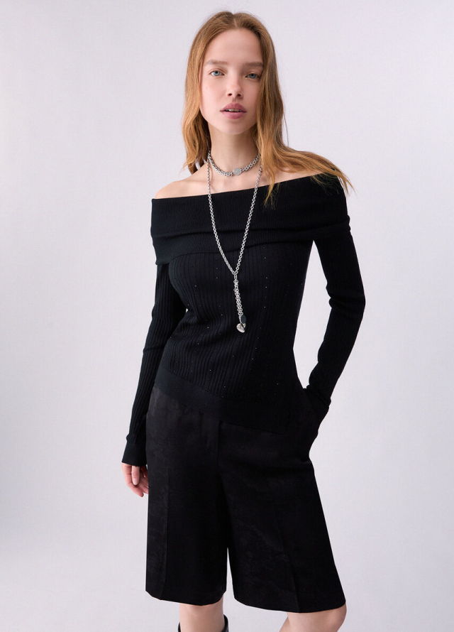 Jersey de punto con cuello barco y strass Liu Jo