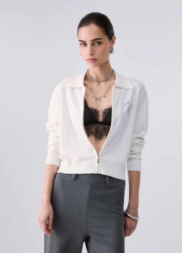 Cardigan de punto con cuello polo y strass de la marca Liu Jo