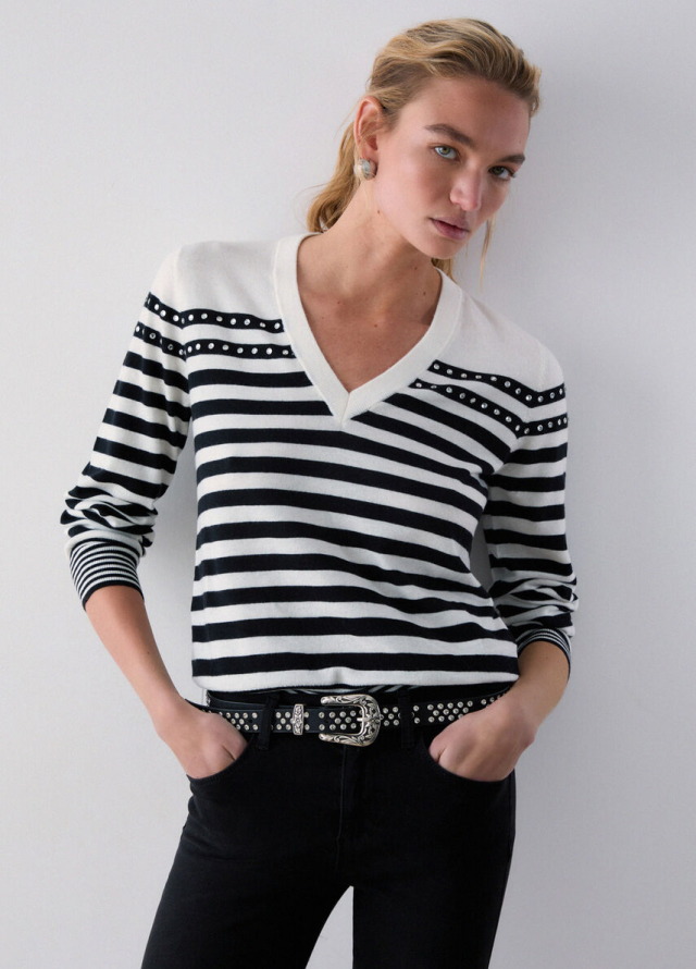 Jersey de punto a rayas con cuello de pico Liu Jo